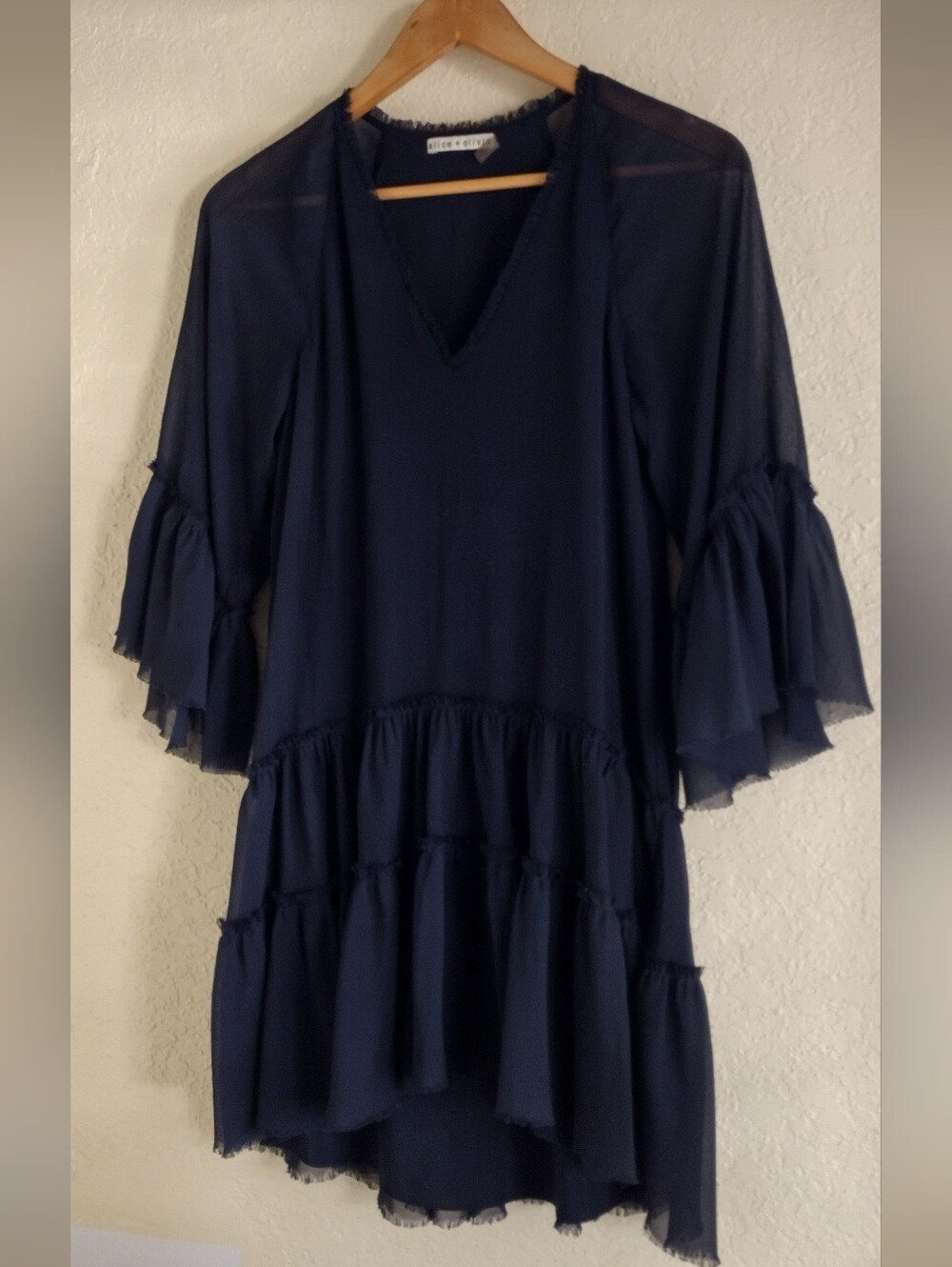 Alice + Olivia Navy Blue Tiered Ruffle Mini Dress Boho Western Chic - Picture 4 of 7